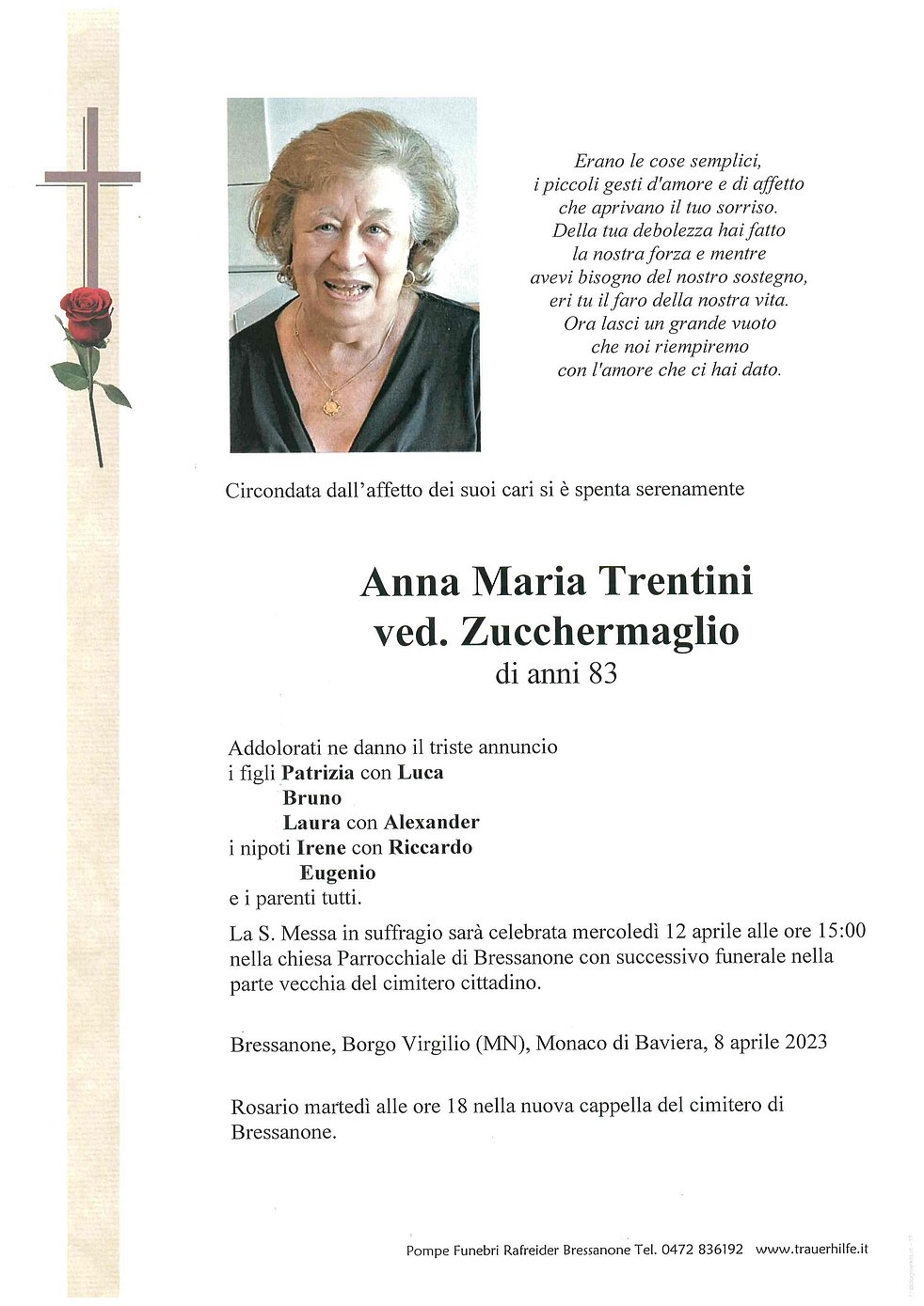 Anna Maria Trentini Aus Brixen Trauerhilfeit Das Südtiroler Gedenkportal 