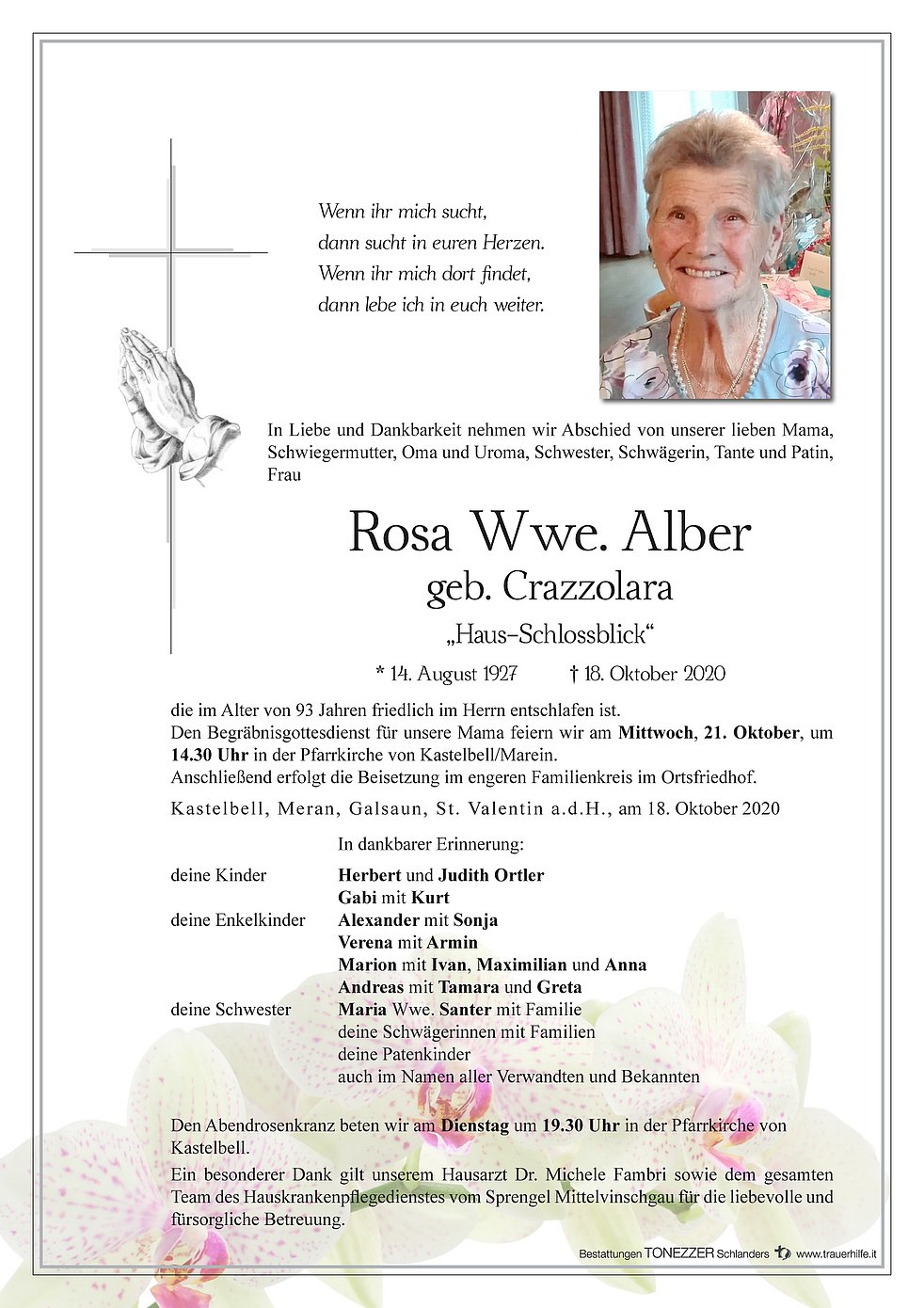 Rosa Wwe Alber Aus Kastelbell Tschars Trauerhilfeit Das Südtiroler Gedenkportal 