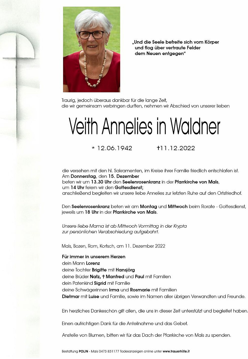 Annelies Waldner Aus Mals - TrauerHilfe.it - Das Südtiroler Gedenkportal