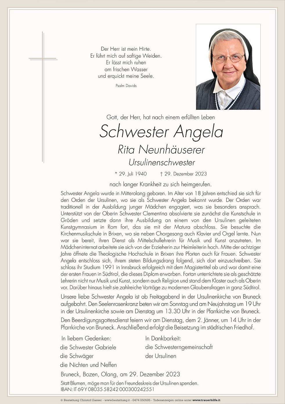 Schwester Angela Aus Bruneck Trauerhilfeit Das Südtiroler Gedenkportal 
