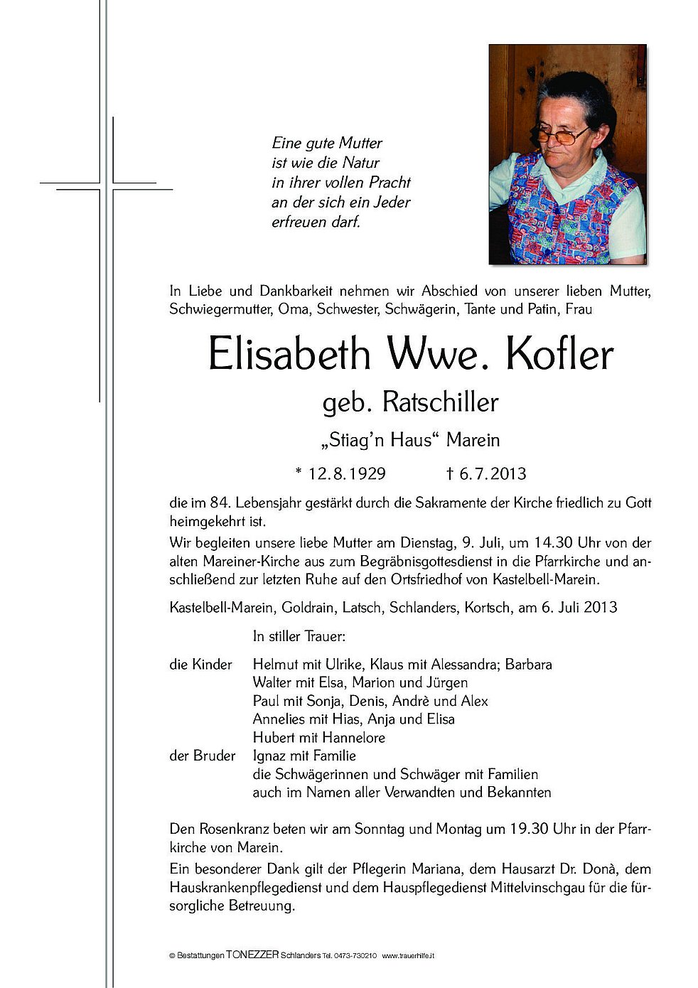 Elisabeth Wwe Kofler Aus Kastelbell Tschars Trauerhilfeit Das Südtiroler Gedenkportal 