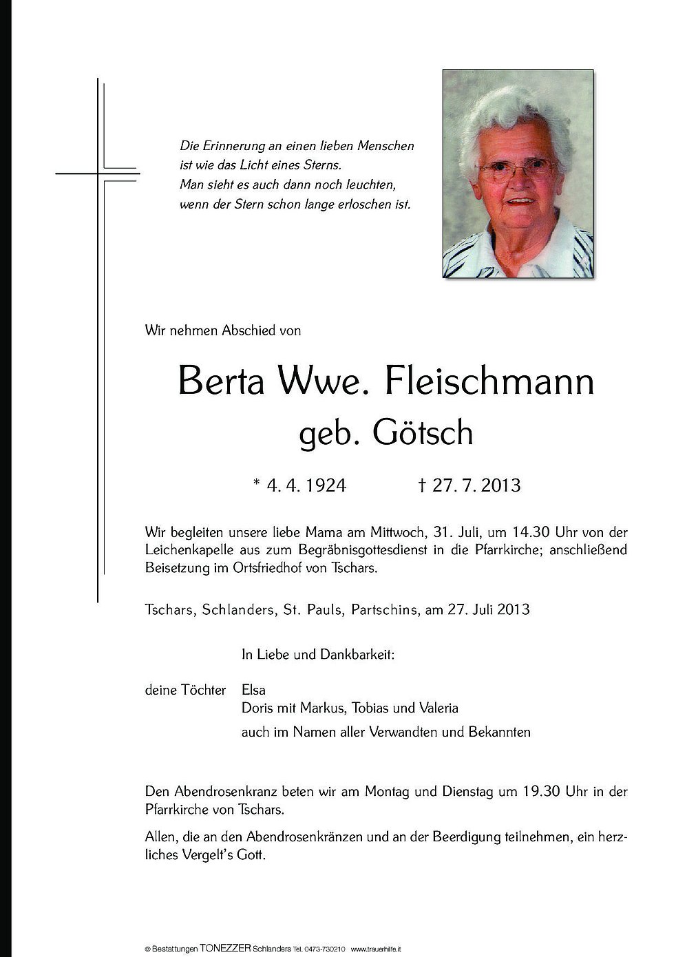 Berta Wwe. Fleischmann aus Kastelbell-Tschars - TrauerHilfe.it - das ...