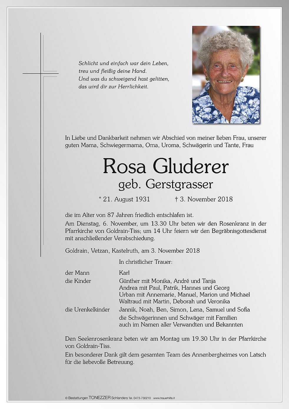 Rosa Gluderer aus Latsch - TrauerHilfe.it - das Südtiroler Gedenkportal