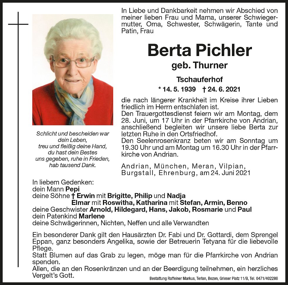 Berta Pichler Aus Andrian Trauerhilfeit Das Südtiroler Gedenkportal 