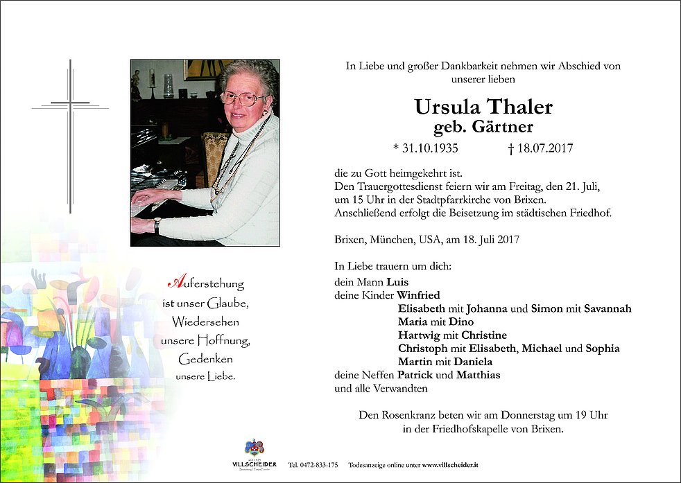 Ursula Thaler Aus Brixen Trauerhilfeit Das Südtiroler Gedenkportal 