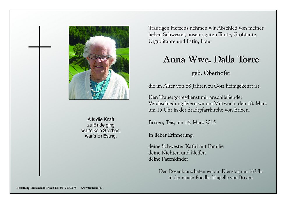 Anna Wwe Dalla Torre Aus Brixen Trauerhilfeit Das Südtiroler Gedenkportal 