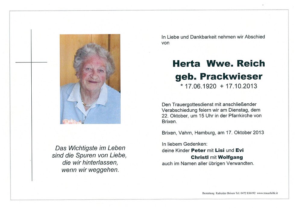Herta Wwe Reich Aus Brixen Trauerhilfeit Das Südtiroler Gedenkportal 