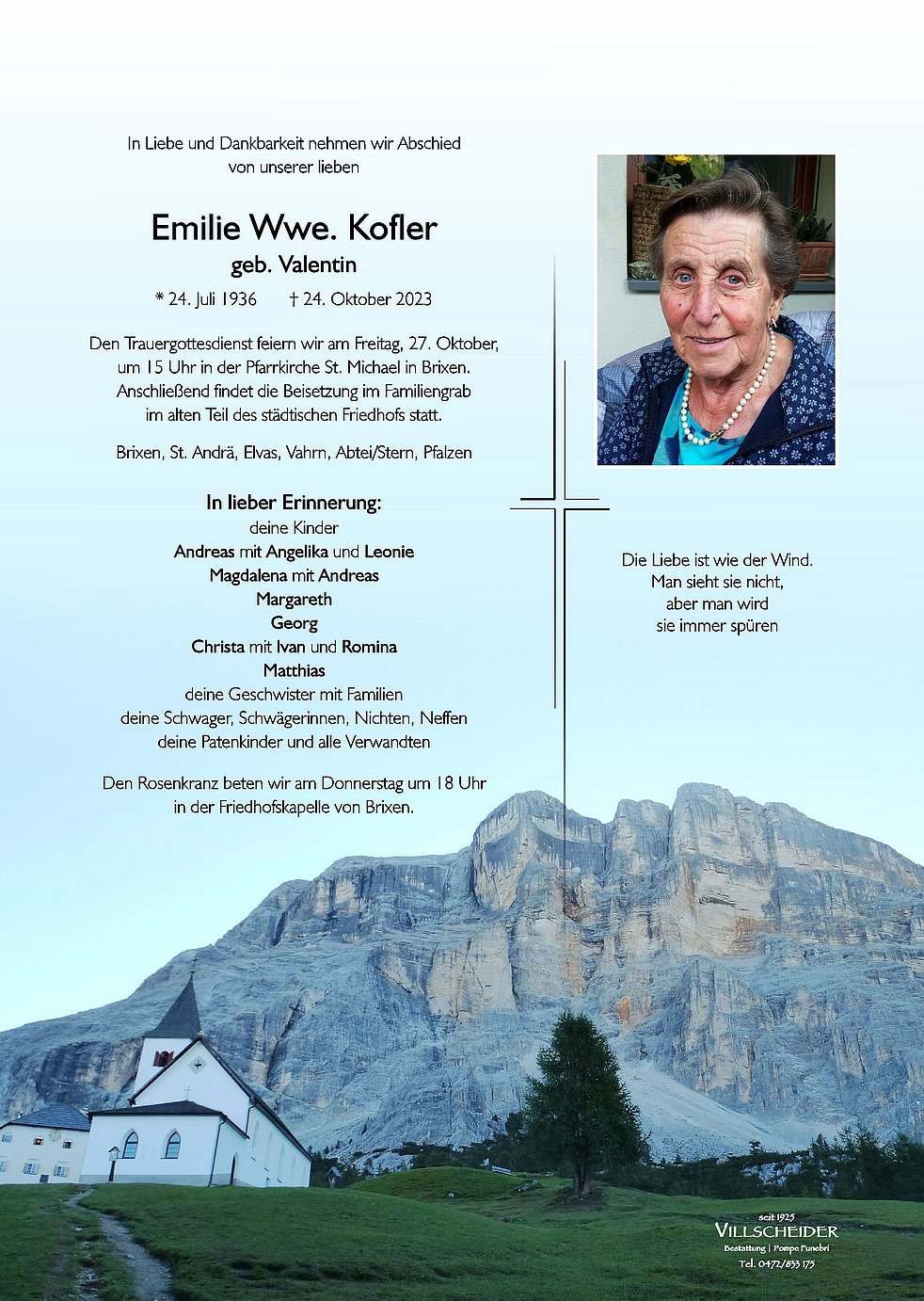 Emilie Wwe Kofler Aus Brixen Trauerhilfeit Das Südtiroler Gedenkportal 