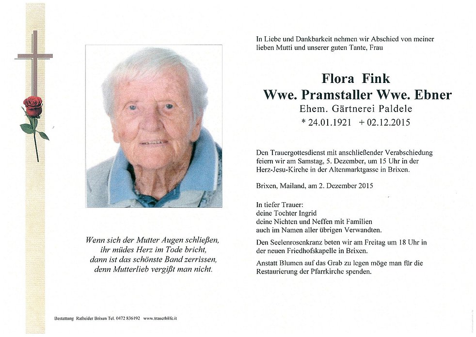 Flora Wwe Pramstaller Wwe Ebner Aus Brixen Trauerhilfeit Das Südtiroler Gedenkportal 