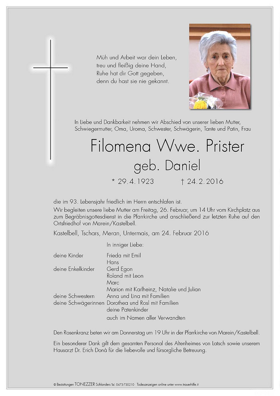Filomena Wwe Prister Aus Kastelbell Tschars Trauerhilfeit Das Südtiroler Gedenkportal 