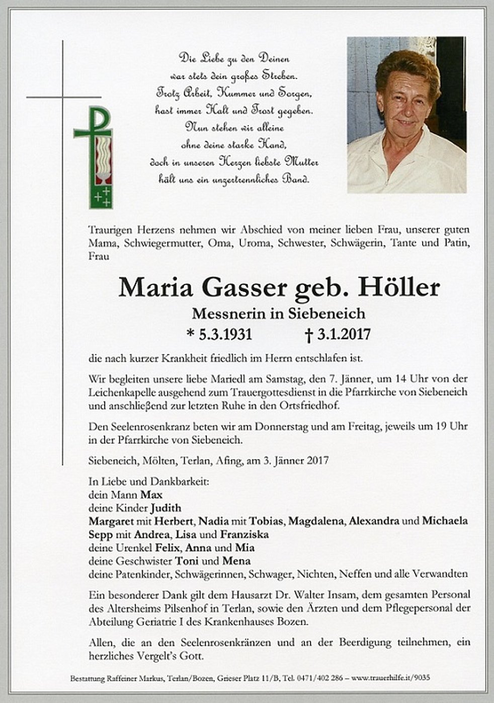Maria Gasser aus Terlan - TrauerHilfe.it - das Südtiroler Gedenkportal