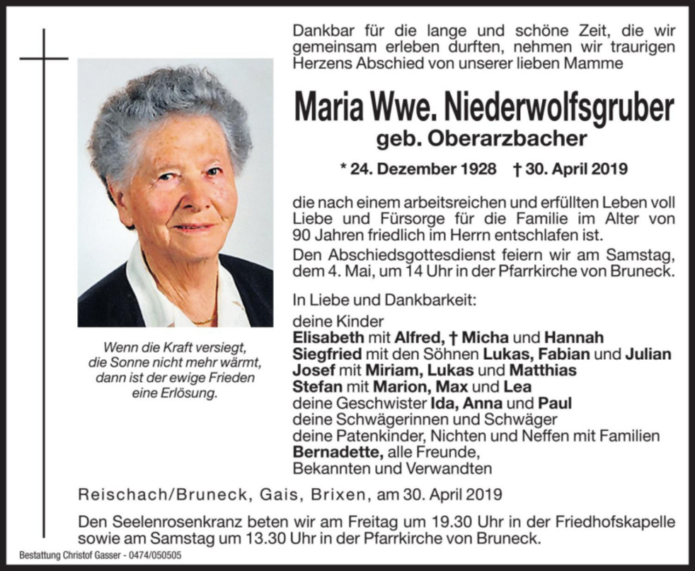 Maria Wwe. Niederwolfsgruber Aus Bruneck - TrauerHilfe.it - Das ...