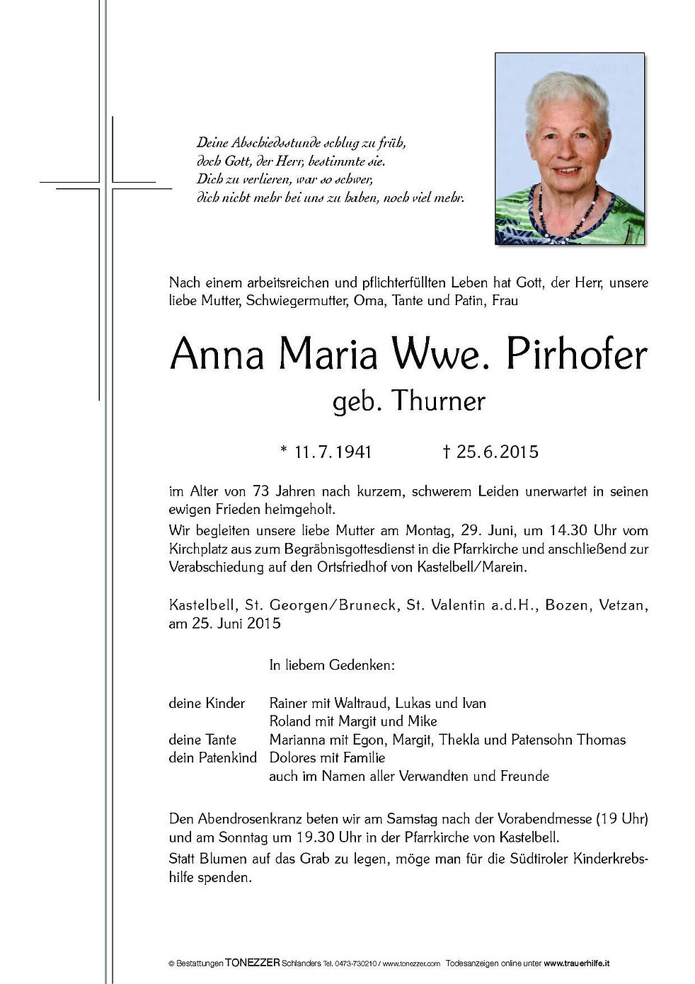 Anna Maria Wwe Pirhofer Aus Kastelbell Tschars Trauerhilfeit Das Südtiroler Gedenkportal 