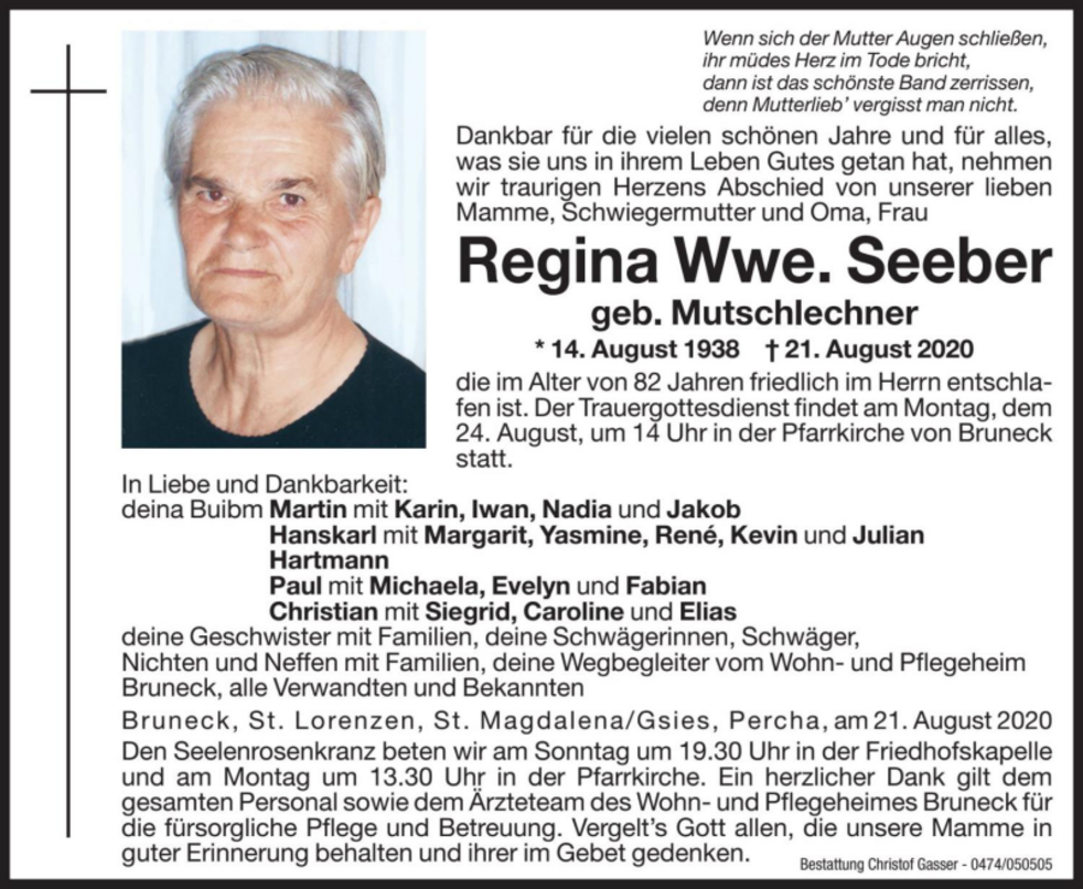 Regina Wwe Seeber Aus Bruneck Trauerhilfeit Das Südtiroler Gedenkportal 