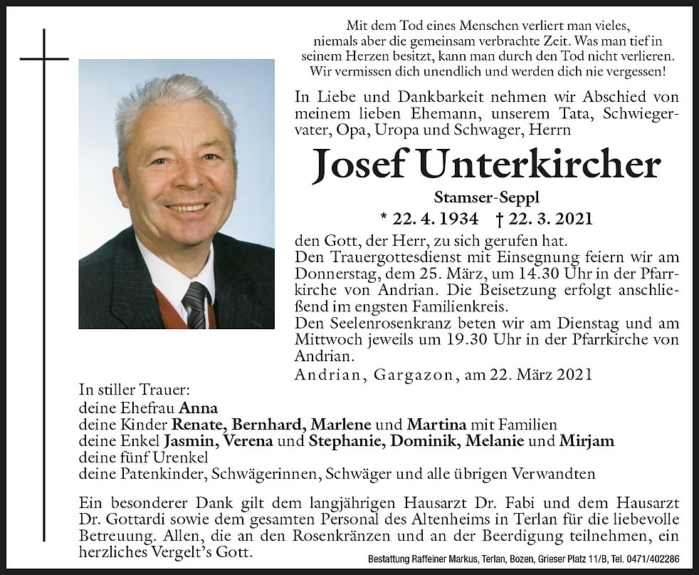 Josef Unterkircher Aus Andrian Trauerhilfeit Das Südtiroler Gedenkportal 