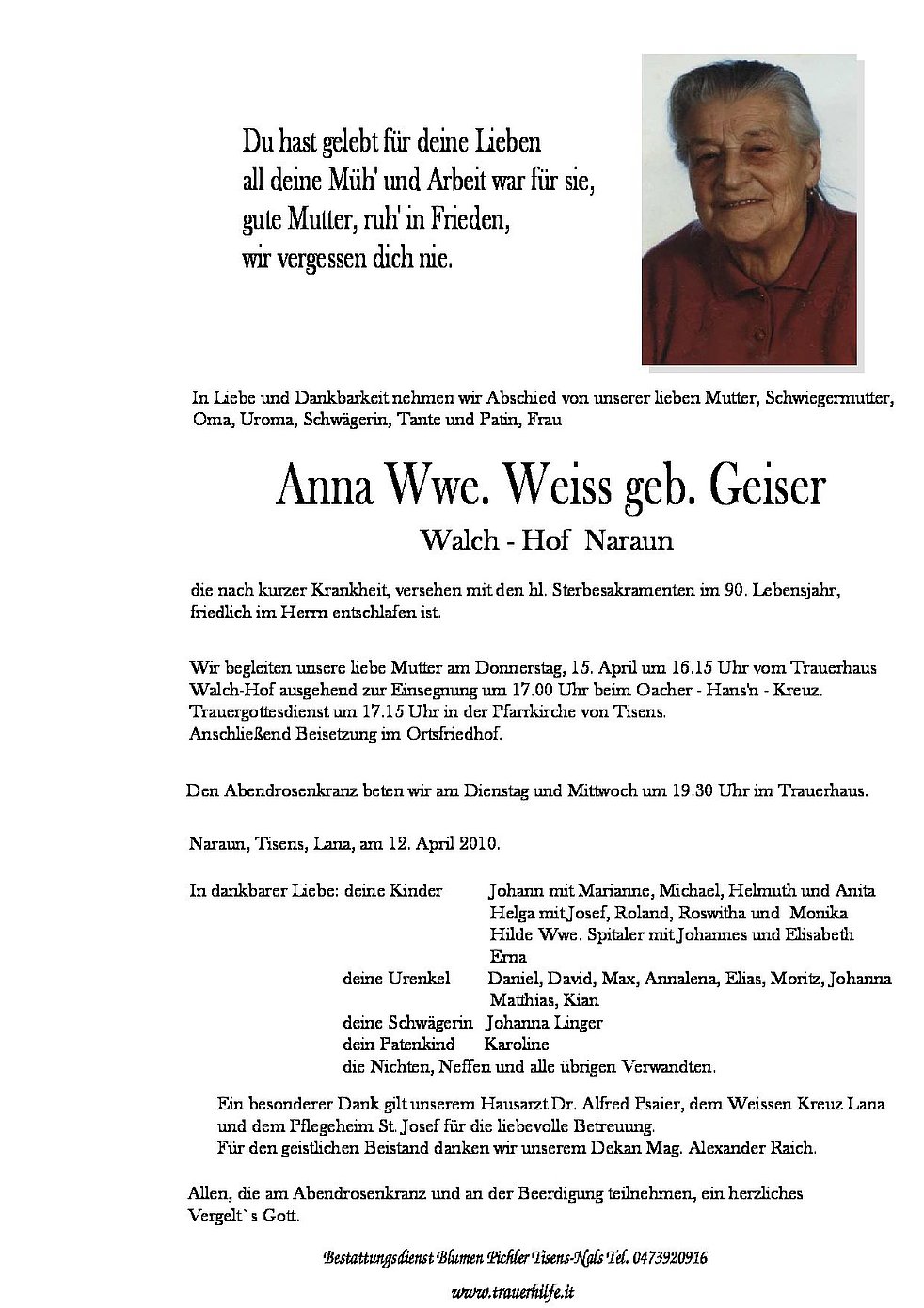Anna Weiss aus Tisens - TrauerHilfe.it - das Südtiroler Gedenkportal