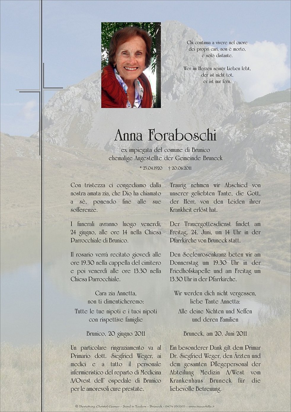 Anna Foraboschi Aus Bruneck Trauerhilfeit Das Südtiroler Gedenkportal 