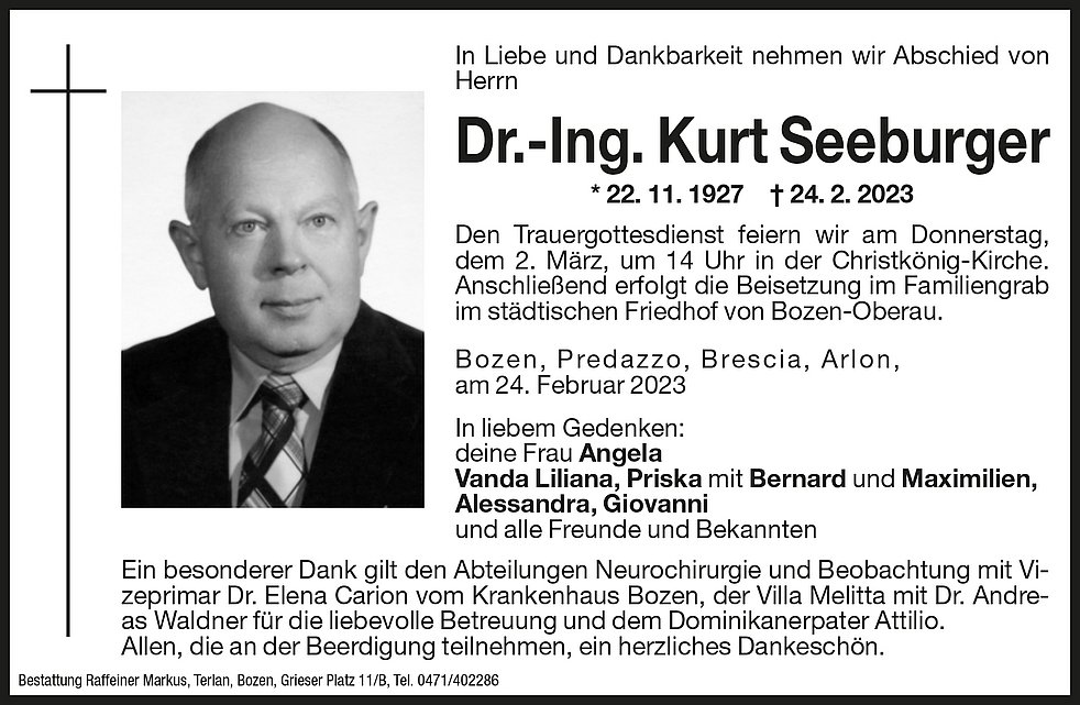 Dr. Ing. Kurt Seeburger Aus Bozen - Trauerhilfe.it - Das Südtiroler 