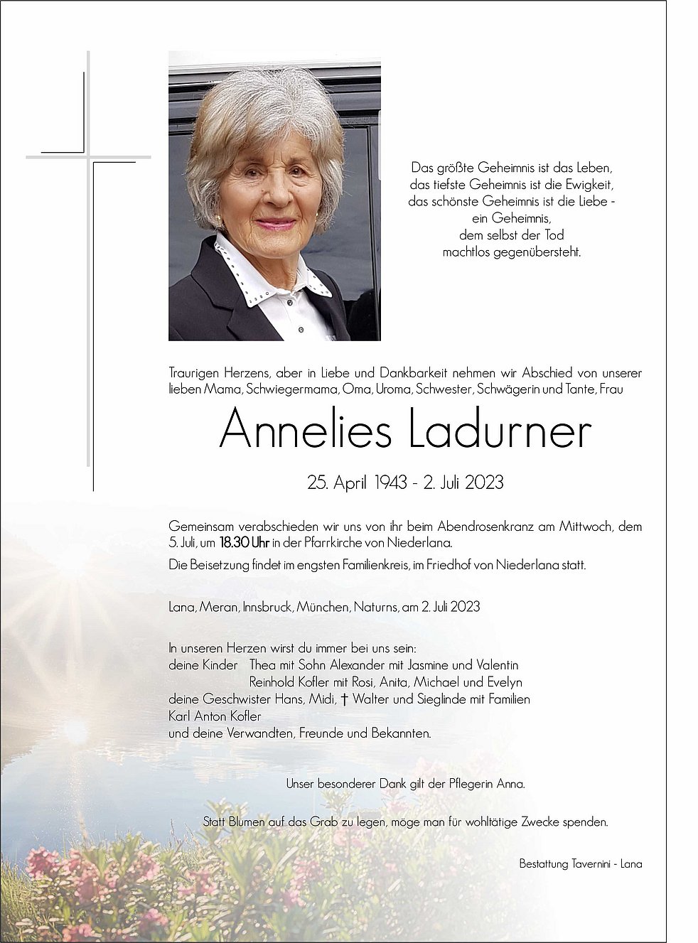 Annelies Ladurner Aus Lana - TrauerHilfe.it - Das Südtiroler Gedenkportal