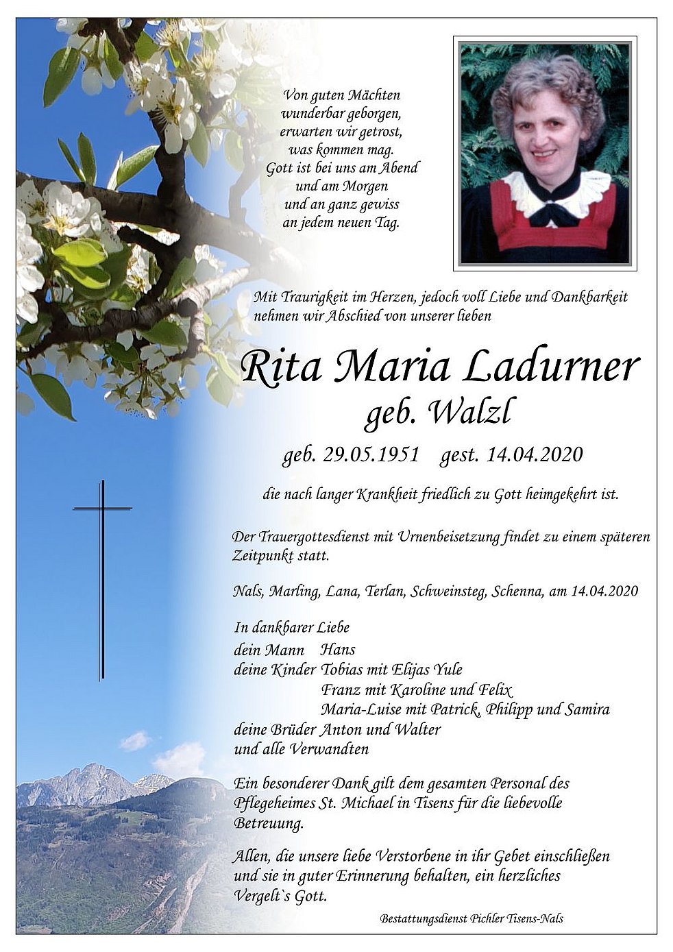 Rita Maria Ladurner Aus Nals - TrauerHilfe.it - Das Südtiroler Gedenkportal