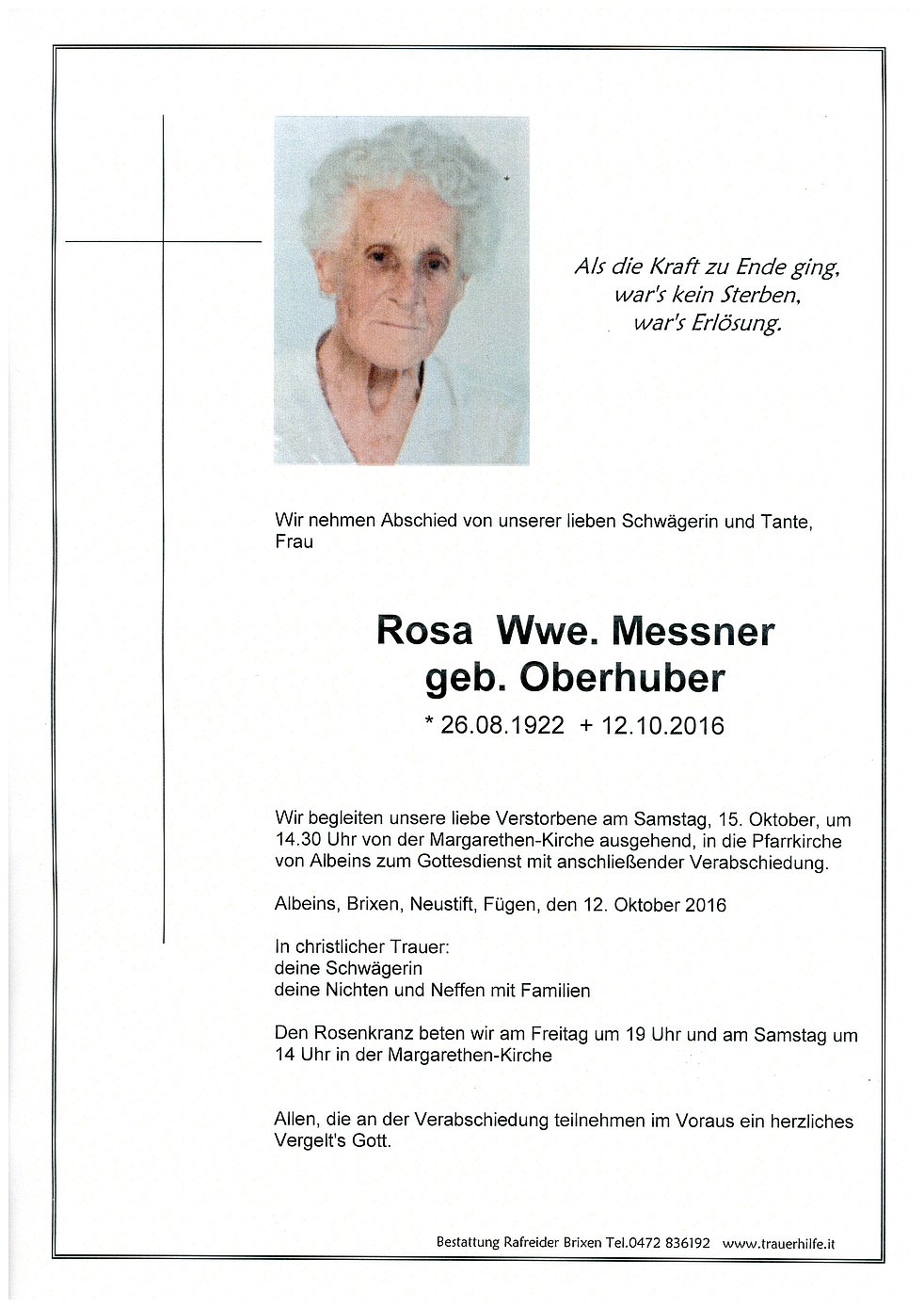 Rosa Wwe Messner Aus Brixen Trauerhilfeit Das Südtiroler Gedenkportal 