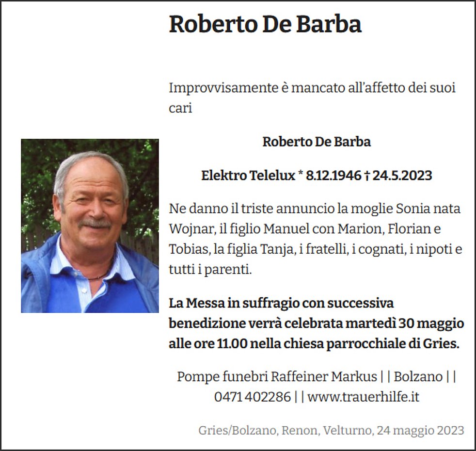 Roberto De Barba aus Bozen TrauerHilfe.it das S dtiroler