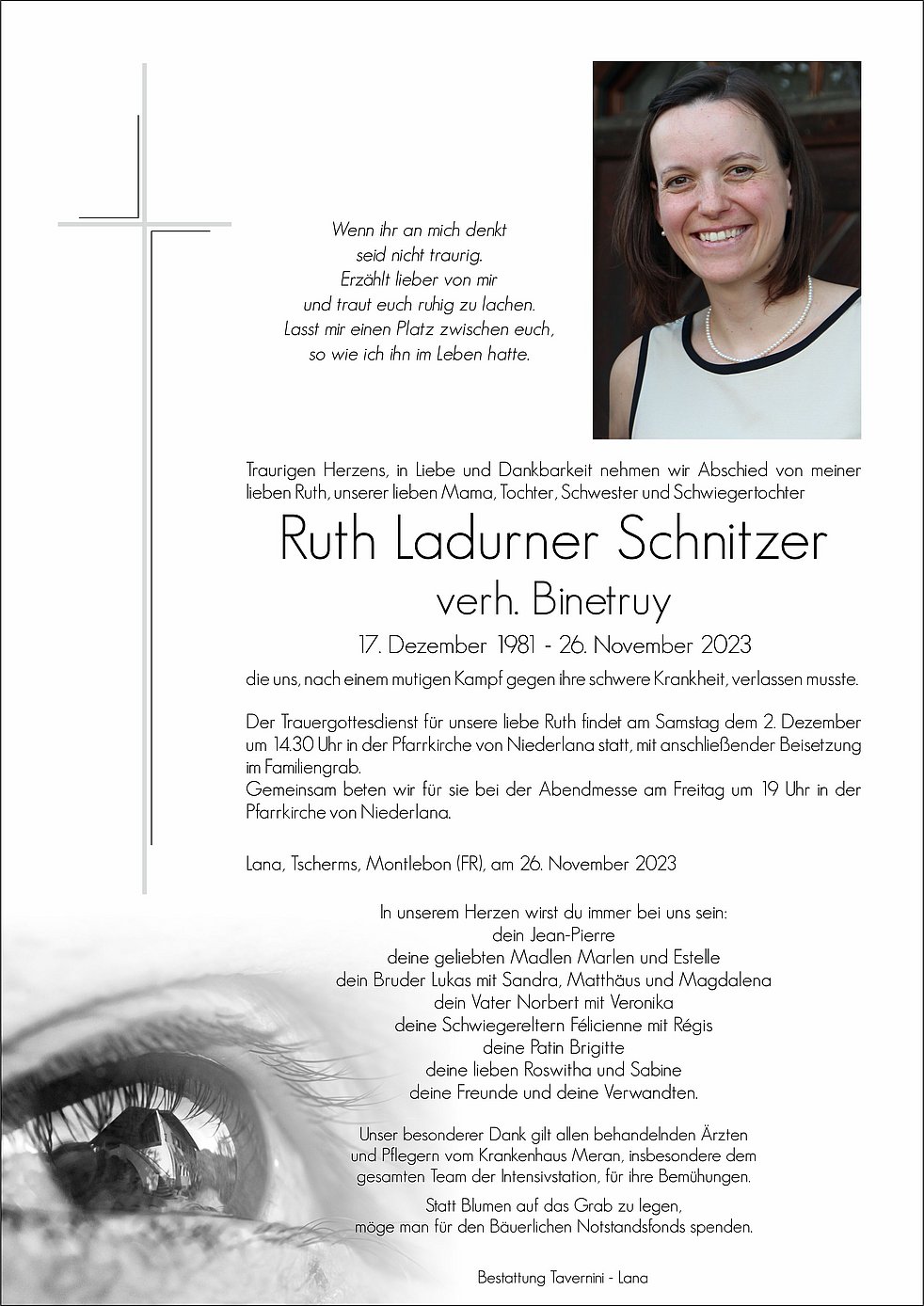 Ruth Ladurner Schnitzer Verh. Binetruy Aus Lana - TrauerHilfe.it - Das ...