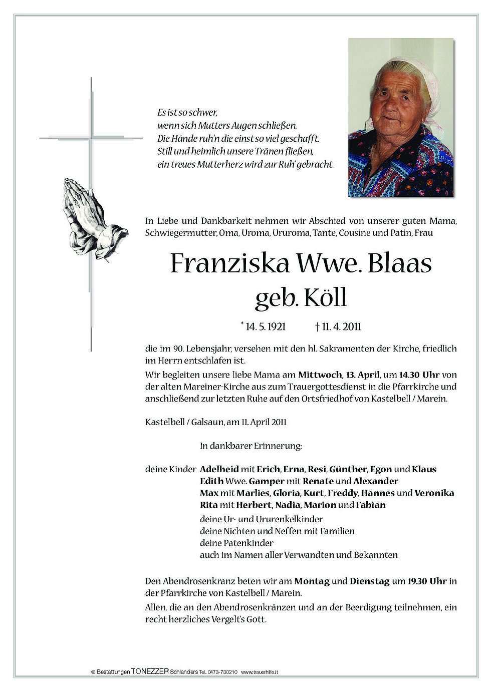 Franziska Wwe Blaas Aus Kastelbell Tschars Trauerhilfeit Das Südtiroler Gedenkportal 