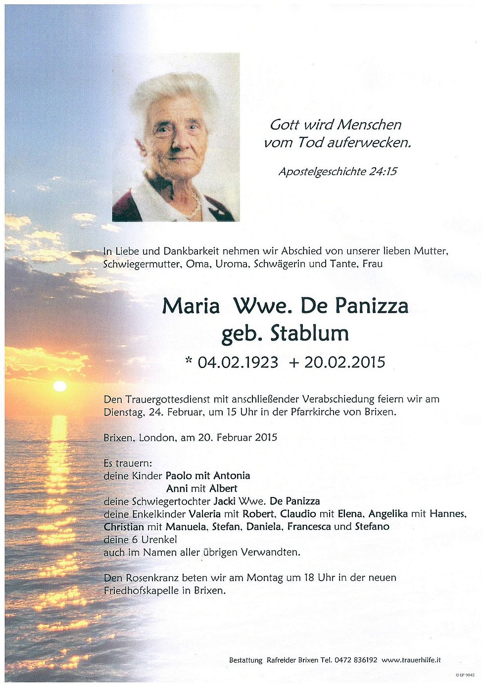 Maria Wwe De Panizza Aus Brixen Trauerhilfeit Das Südtiroler Gedenkportal 
