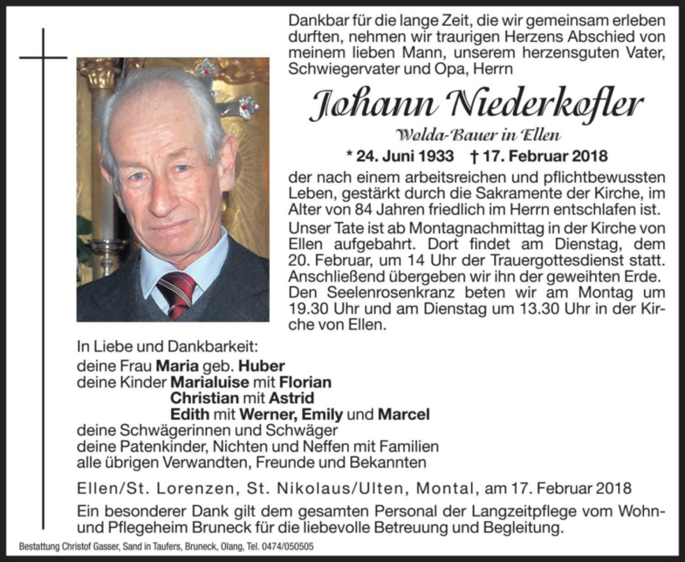 Johann Niederkofler aus St. Lorenzen - TrauerHilfe.it - das Südtiroler ...