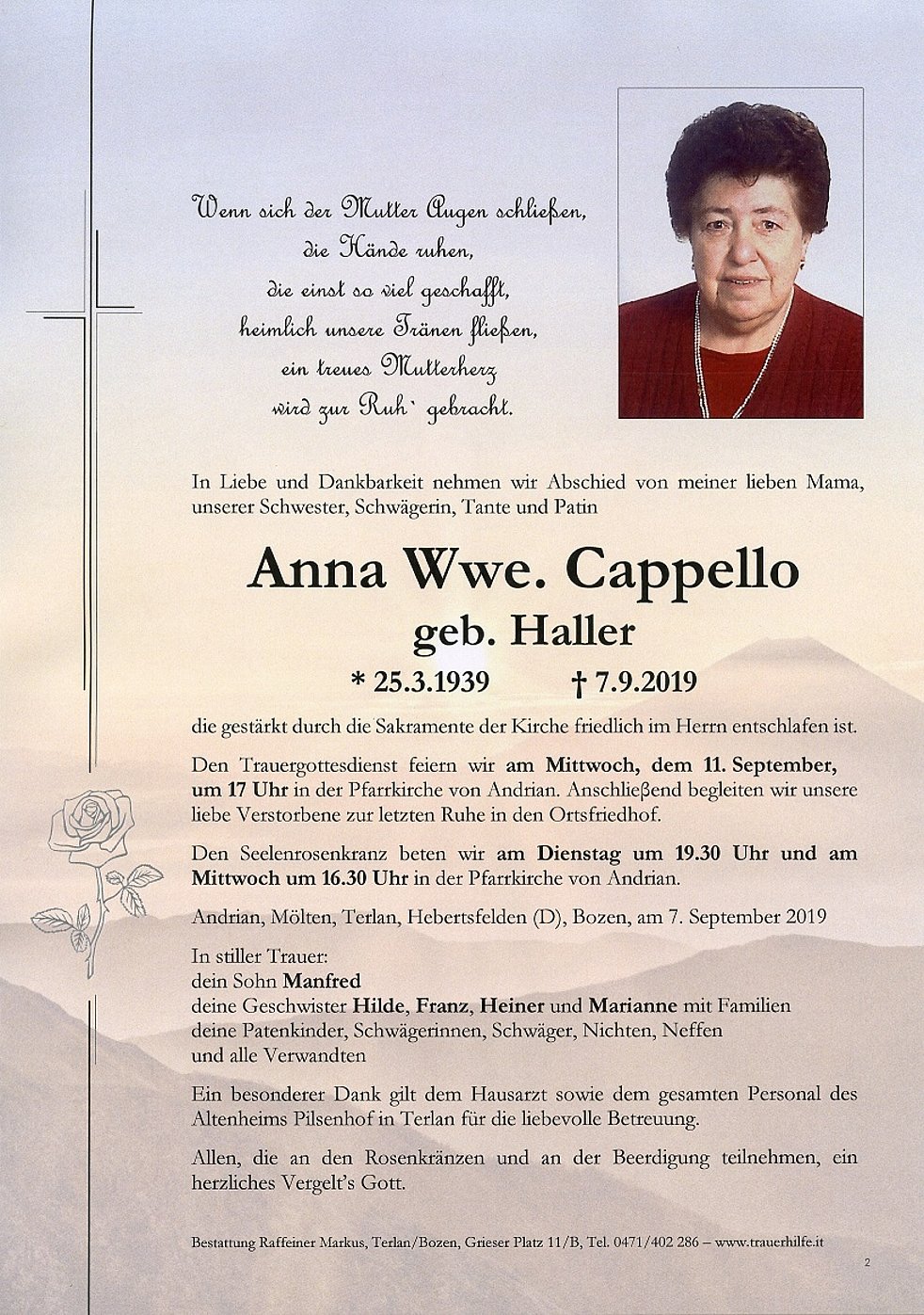 Anna Wwe Cappello Aus Andrian Trauerhilfeit Das Südtiroler Gedenkportal 