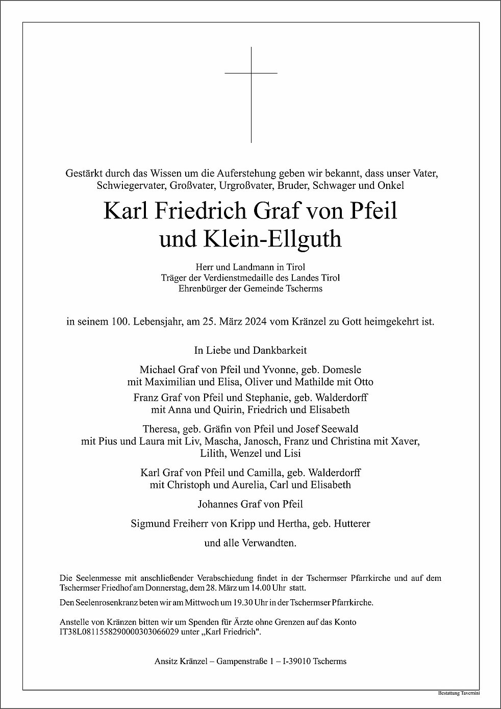 Karl Friedrich Graf von Pfeil und Klein-Ellguth aus Tscherms ...