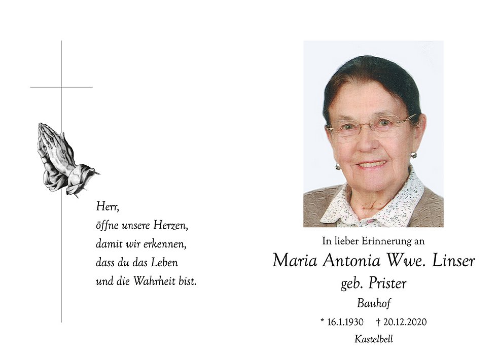 Maria Antonia Wwe Linser Aus Kastelbell Tschars Trauerhilfeit Das Südtiroler Gedenkportal 