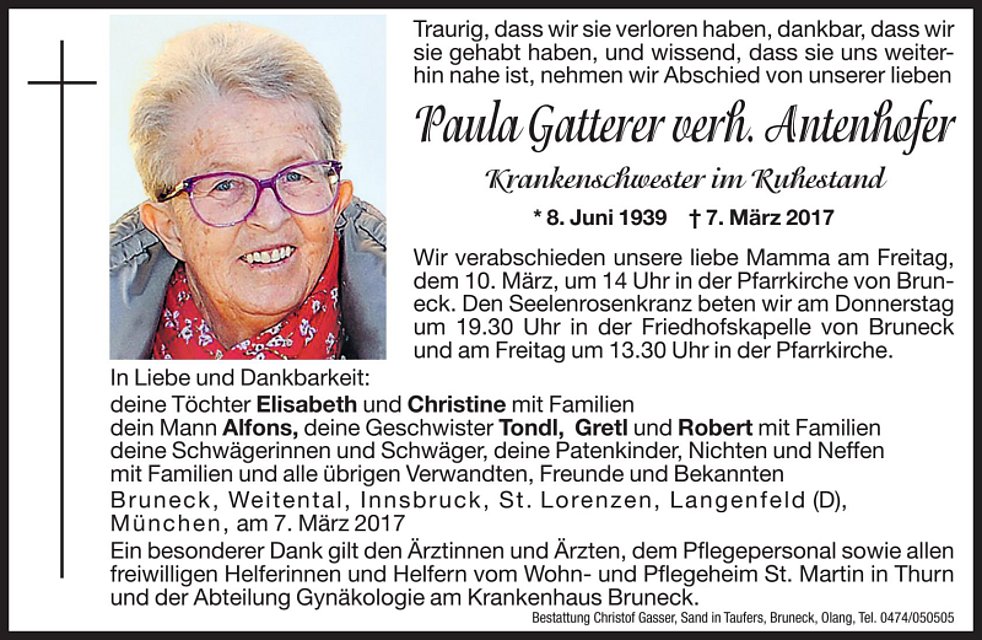Paula Gatterer Aus Bruneck Trauerhilfeit Das Südtiroler Gedenkportal 