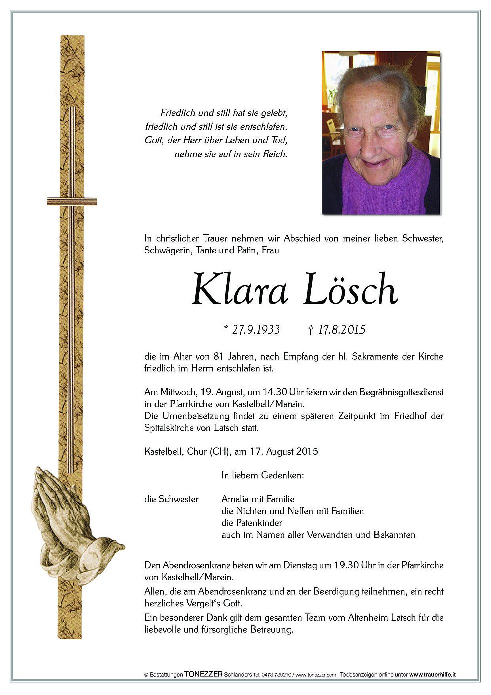 Klara Lösch Aus Kastelbell Tschars Trauerhilfeit Das Südtiroler Gedenkportal 