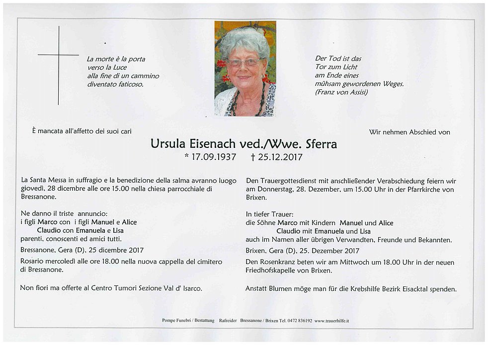 Ursula Wwe Sferra Aus Brixen Trauerhilfeit Das Südtiroler Gedenkportal 