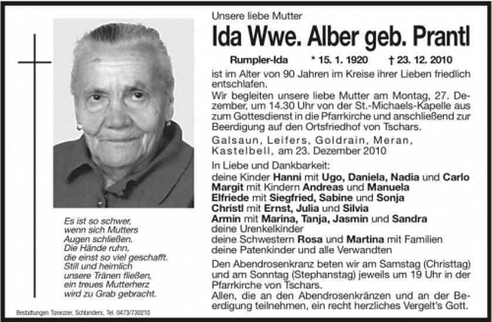 Ida Wwe Alber Aus Kastelbell Tschars Trauerhilfeit Das Südtiroler Gedenkportal 