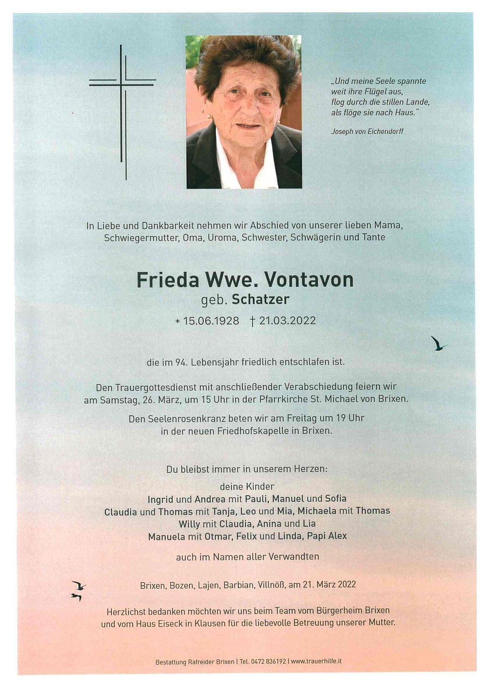 Frieda Wwe Vontavon Aus Brixen Trauerhilfeit Das Südtiroler Gedenkportal 